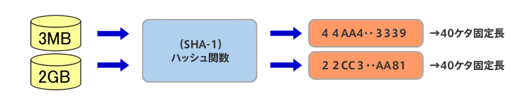 特長1「ファイル→ハッシュ関数→ハッシュ値（容量減）」の図